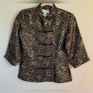 Jade Jade Jade Blouse Women’s Small Black Gold Asian Dragons Silky Vintage